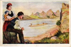 Vágvölgy, Váh Valley, Povazie; A Vág völgye, vize fája magyar vágya, tutajos cserkészek. Kiadja a Magyar Nemzeti Szövetség, Don Bosco / Hungarian irredenta propaganda art postcard from Váh river, scouts rafting s: Márton L. - Nógrády M.