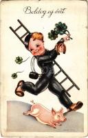 1936 Boldog új évet! Kéményseprő és malac / New Year greeting, chimney sweeper and pig s: Mallász Gitta