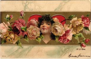 1900 Szecessziós hölgy rózsákkal / Art Nouveau rose lady. litho (EK)