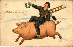 Boldog új évet! Malacon lovagló kéményseprő / New Year greeting, chimney sweeper riding on a pig (EK)