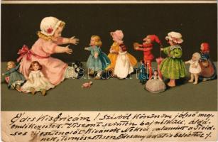 Kislány játékbabákkal / Girl with dolls. Meissner & Buch Künstler-Postkarten Serie 2000. Puppenmütterchen litho (vágott / cut)
