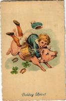 1929 Boldog újévet! Malacon lovagló kisfiú / New Year greeting, boy riding on a pig (EK)