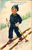 1935 Boldog karácsonyi ünnepeket! Síelő fiú / Christmas greeting, skiing boy, winter sport (EK)