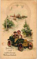 1916 Gefundes und zufriedenes Weihnachtsfest / Karácsonyi üdvözlet, gyerekek autóban / Christmas greeting, children in atuomobile. B.N.K. 7835/7836 litho