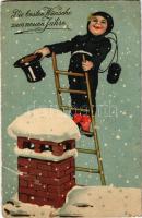 Die besten Wünsche zum neuen Jahre / Boldog újévet! Kéményseprő / New Year greeting, chimney sweeper. litho (szakadás / tear)