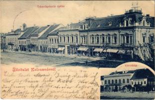 1900 Kolozsvár, Cluj; Takarékpénztár épület, városház, Csiky Mihály, Csillag Manó, Bányai Sámuel és fia, Hubay Károly üzlete, gyógyszertár / savings bank, town hall, shops, pharmacy