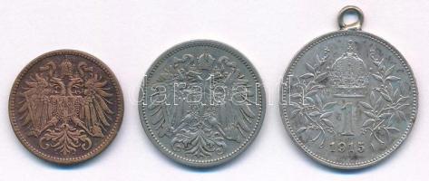 Ausztria 1907. 20h Cu-Ni + 1912. 2h bronz + 1915. 1K Ag "Ferenc József" (füllel) T:VF
Aus...