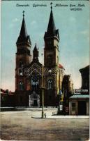 1916 Temesvár, Timisoara; Gyárváros, Millenium Római katolikus templom, Csendes és Fischer üzlete / church, shop (EM)