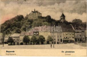 1923 Segesvár, Schässburg, Sighisoara; Evangélikus gimnázium, sörcsarnok, üzletek. Vasúti levelezőlapárusítás 333. / Liceul, Steinbrucher bier ouelle / Lutheran grammar school, beer hall, shops