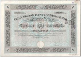 Budapest 1928. "Pesti Magyar Kereskedelmi Bank" névre szóló részvénye 50P-ről, névre szóló, szelvényekkel, szárazpecséttel, bélyegzéssel T:XF