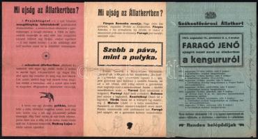 1913 Székesfővárosi Állatkert prospektusai, 3 db, rajta szimfonikus hangversenyének hírével. Kettő másik oldalán: Mi ujság az Állatkertben? Hajtásnyomokkal, ceruzás bejegyzésekkel.