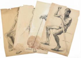 Kézdi-Kovács Lóránt (1897-1916), 4 db mű: Férfi aktok, 1914. Szén, papír, mindegyik jelzett. Proveniencia: a művész hagyatéka. Mindegyik sérült és foltos. 60x40 cm körüli méretekben. Kézdi-Kovács Lóránt mindössze 19 évesen, 1916-ban az I. világháborúban esett el, amelynek következtében az életműve is nagyon korán lezárult. Munkái nagyon ritkán tűnnek fel a műkereskedelemben, igazi gyűjtői darab!