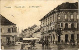 1917 Versec, Werschetz, Vrsac; Városház utca, Brüder Berger utóda, Glückmann Hungária szálloda, Győri Mór és G. Florian üzlete / Stadthausgasse / street, shops, hotel (Rb)