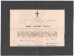 1942 Kézdi-Kovács László (1864-1942) festőművész, műkritikus gyászjelentése, lap alján szakadással