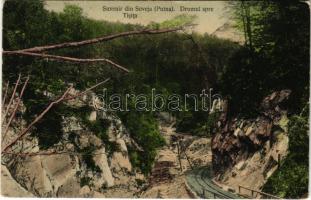 1911 Soveja (Putna), Szovezsa; Drumul spre Tisitei / Tisita felé vezető út, szurdok, eredi vasút, iparvasút, fakitermelés. Stefan Draghici kiadása / gorge, forest railway, industrial railway, logging (fa)