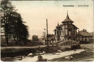 1922 Petrozsény, Petrosani; Janza telep, Weinberger Bernát, Roth Béla üzlete, híd. Vasúti levelezőlapárusítás 1134. / street view, shops, bridge (ázott / wet damage)