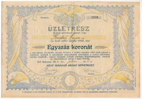 Budapest 1920. Kéve Ruházati Áruház Szövetkezet rendes üzletrésze 100K értékben, szárazpecséttel, szelvényekkel T:F