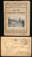 1921. évi atlétikai évkönyv. Nemzeti Sportkönyvtár 3. sz. Szerk.: Vadas Gyula. Bp., 1922, Honvédelem Sajtóvállalat Rt.. 264 p. Fekete-fehér képekkel és reklámokkal gazdagon illusztrált. Kiadói papírkötés, sérült gerinccel, kissé sérült borítóval, címlapon Novák Béla keszthelyi ügyvéd bélyegzőjével, néhány kevés lap kissé foltos. Ritka! + Magyar Atlétikai Szövetség levelezőlapja Novák Béla részére.