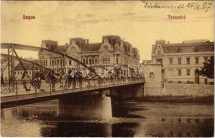 1907 Lugos, Lugoj; Temes híd, Délmagyarországi Bank, Haberehrn vasudvar. BM. kir. dohányáruda kiadása / Timis bridge, bank