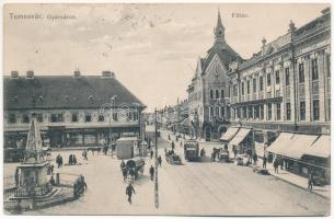 1911 Temesvár, Timisoara; Gyárváros, Kossuth tér, villamos, emlékmű, Wilheim Fülöp, Steingaszner Ferenc, Csendes és Fischer és Kunovsky Rezső üzlete, piac / Fabrica, square, shops, tram, monument, market