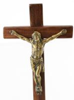 Antik feszület fa talapzattal, bronz figurális díszítményekkel. Szép állapotban, m: 41 cm