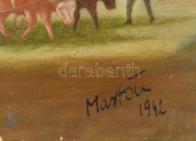 Marton jelzéssel: Hazafelé, 1942. Olaj, karton, sérült. 24x30 cm