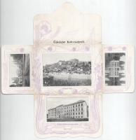 1902 Kolozsvár, Cluj; Sétatéri mulató, Fellegvár oldal, korcsolya csarnok, M. kir. áll. felsőbb leány iskola. Dunky fivérek, szecessziós kinyitható képeslap / kiosk, Cetatea, ice skating hall, girl school. Art Nouveau folding postcard (r)