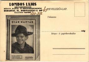 1942 Diáknaptár - Lombos Lajos könyvkötőmester, könyv-, papír- és írószerkereskedés reklámja. Budapest, Podmaniczky utca 24. (EK)