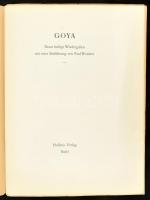 Goya. Neun farbige Wiedergaben mit einer Einführung von Paul Wescher. Basel, 1943, Holbein-Verlag, 6 p.+7 t.+(2) p. Szövegközi és egészoldalas, színes reprodukciókkal illusztrálva. Német nyelven. Sérült kartonmappában, az egyik képtábla kissé foltos, a lap széle kissé sérült.