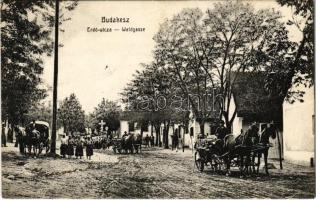 1912 Budakeszi, Erdő utca, lovaskocsik, Kereszt szobor. Szemere J. kiadása (EK)