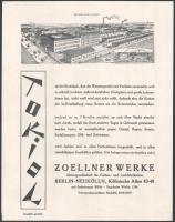 Német csónaklakk kétoldalas reklámja, hátoldalon a gyár képével, 28×22 cm