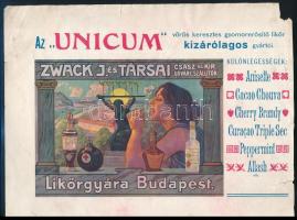 Unicum Likőrgyár Budapest színes reklámnyomat, szakadással, sarokhiánnyal, 20×28 cm