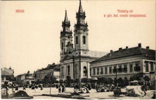 Arad, Thököly tér, görögkeleti román templom, piac, házi kenyér sütöde. képeslapfüzetből / Greek Orthodox Romanian church, market, bakery. from postcard booklet (fa)