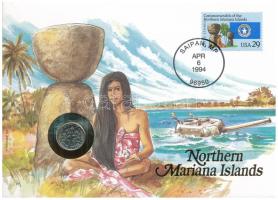 Amerikai Egyesült Államok / Észak Mariana-szigetek 1994P 1D Cu felbélyegzett borítékban, bélyegzéssel, német nyelvű leírással T:UNC USA / Northern Mariana Islands 1994P 1 Dime Cu in envelope with stamp, cancellation and a prospectus in german C:UNC