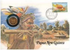 Pápua Új-Guinea 1987. 2t Cu-Zn felbélyegzett borítékban, bélyegzéssel, német nyelvű tájékoztatóval T:UNC Papua New Guinea 1987. 2 Toea Cu-Zn in envelope with stamp, cancellation and a prospectus in german C:UNC