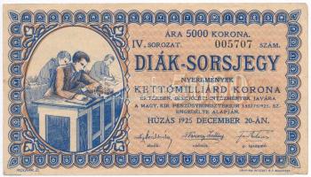 Budapest 1925. "Diák-Sorsjegy" 5000K értékben, "IV. sorozat, 005707" sorszámmal, hátoldalán áthúzással érvénytelenítve T:F