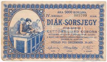 Budapest 1925. "Diák-Sorsjegy" 5000K értékben, "IV. sorozat, 005709" sorszámmal, hátoldalán áthúzással érvénytelenítve T:F fo.