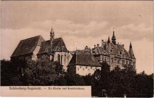 Segesvár, Schässburg, Sighisoara; Evangélikus templom és gimnázium. H. Zeidner kiadása / Ev. Kirche und Komitatshaus / Lutheran church and grammar school