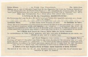 1934. "33. Magyar Királyi Osztálysorsjáték" harmadik osztály egynyolcad sorsjegye bélyegzé...
