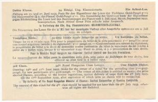 1935. "34. Magyar Királyi Osztálysorsjáték" harmadik osztály egynyolcad sorsjegye bélyegzé...