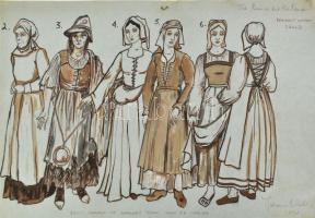 Olvashatatlan jelzéssel, feltehetően angolszász művész: Jelmezterv, 2 db. Tus, akvarell, papír. Kiss...