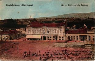 1914 Gyulafehérvár, Karlsburg, Alba Iulia; vár, piac, Fritz Gyula, Győri és Austerlitz üzlete, Hungária szálloda. Schäser Ferenc kiadása / castle, market, shops, hotel (fl)