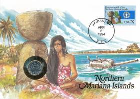 Amerikai Egyesült Államok / Észak Mariana-szigetek 1994P 1D Cu felbélyegzett borítékban, bélyegzéssel, német nyelvű leírással T:UNC USA / Northern Mariana Islands 1994P 1 Dime Cu in envelope with stamp, cancellation and a prospectus in german C:UNC