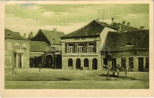 Medgyes, Mediasch, Medias; Piata Regele Ferdinand, Mediascher Bank / Ferdinánd király tér. Henrich Connert, Blau & Hiller üzlete, bank. Hans Hart kiadása / König Ferdinandplatz / square, shops, bank (fl)