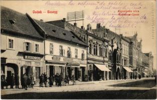 1913 Eszék, Essegg, Osijek; Kapucinska ulica, Egleczki Magazin Franjo Cernuta / utca, W. Rosenberg és Th. Gottschalk üzlete, Szántó Elemér cukrászdája / street, shops, confectionery (fl)