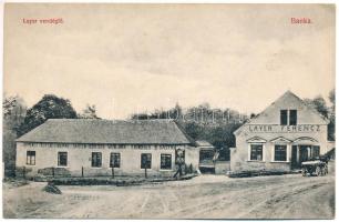 Bánka, Banka (Pöstyén, Piestany); Layer Ferenc vendéglője a hársfához, bemenet kertbe, étterem, bor és sör / Gasthaus / restaurant, beer and wine (fl)