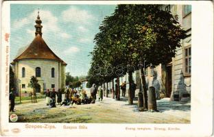 Szepesbéla, Spisská Belá (Szepes, Zips); Evangélikus templom. Feitzinger Ede kiadása 1902/12. Autochrom 559. / Lutheran church, street view (kopott sarkak / worn corners)