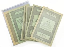 1965-1985 Sotheby katalógusok, 7 db:  Catalogue of Fine jewels (1965), Catalogue of The collection of books on cookery and gastronomy (1966), Catalogue of Old master paintings (1972), Catalogue of Fine seventeenth, eigteenth and nineteenth century English paintings (1972), Catalogue of Ancient, English and foreign coins, in gold, silver and bronze (1973), Catalogue of Impressionist and modern paintings, drawings, watercolours and sculpture (1975), Catalogue of Fine English and continental furniture. Metalwork and works of art. Antiquarian and modern books, original illustrations and maps. British and continental enamels, glass and ceramics. Oriental ceramics, works of art and furniture. Eastern carpets and rugs. (1985.) Változó állapotban.