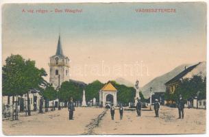 Vágbeszterce, Povazská Bystrica; Vág völgye, Fő tér, templom és szobor. Waldapfel Gyula kiadása / Vah valley, main square, church and statue (EK)