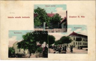 1912 Zombor, Sombor; Iskola nénék intézete II. ház, udvar, kert és homlokzat, piac / girl school, courtyard, garden, market